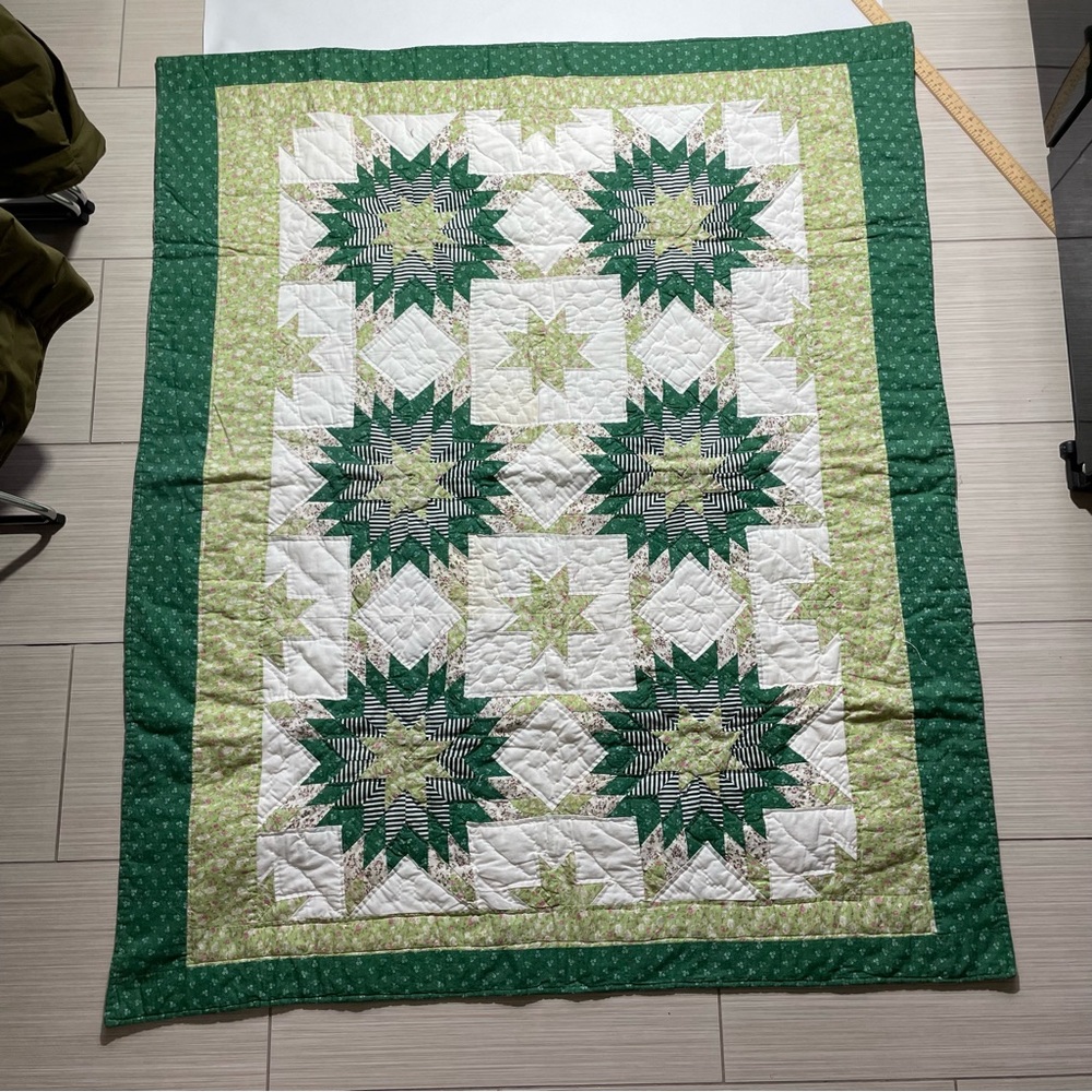Lone star Green and White Quilted Bedspread vintage blanket handmade